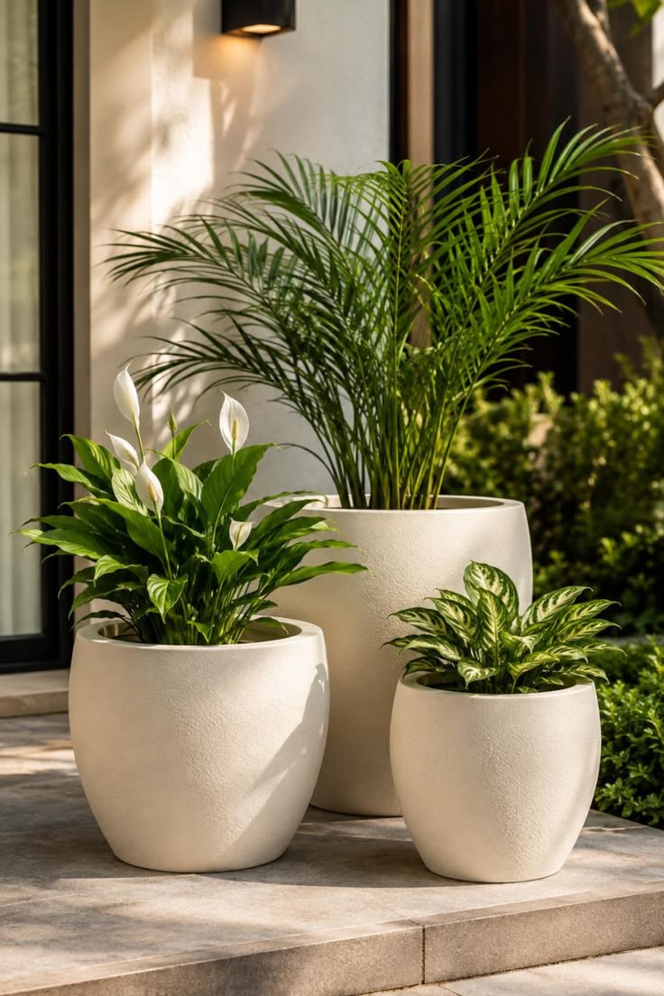 UCB Flower Pots — white minimalist large concrete planters with tropical plants on a porch, ideal for patio, garden and entryway by Unique Concrete Builders Kenya